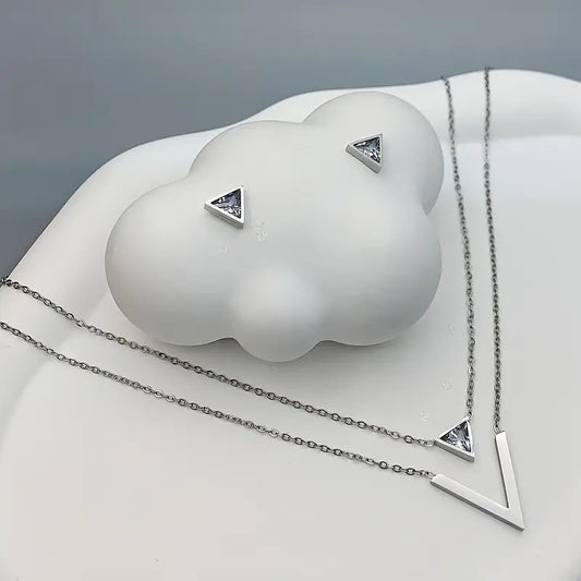 3st Trendigt Smyckesset för Kvinnor – Triangel Zirkonia Halsband & Örhängen i Rostfritt Stål