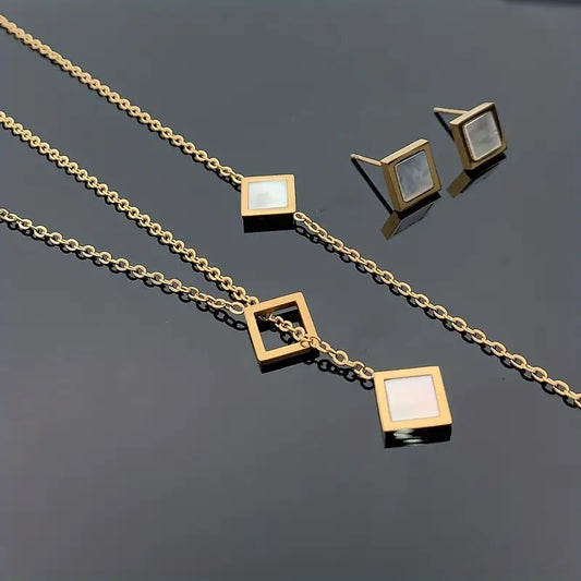 4st Bohemiskt Smyckesset – Vit Snäckskal Halsband & Örhängen i Rostfritt Stål