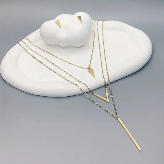 3st Höst & Vinter Smyckesset – Långt Halsband med Geometriskt Hänge & Triangel Örhängen i Rostfritt Stål