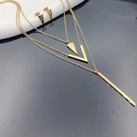 3st Höst & Vinter Smyckesset – Långt Halsband med Geometriskt Hänge & Triangel Örhängen i Rostfritt Stål
