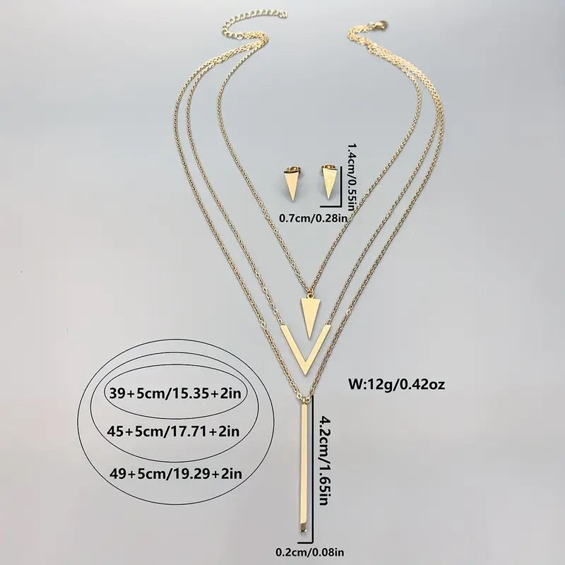 3st Höst & Vinter Smyckesset – Långt Halsband med Geometriskt Hänge & Triangel Örhängen i Rostfritt Stål
