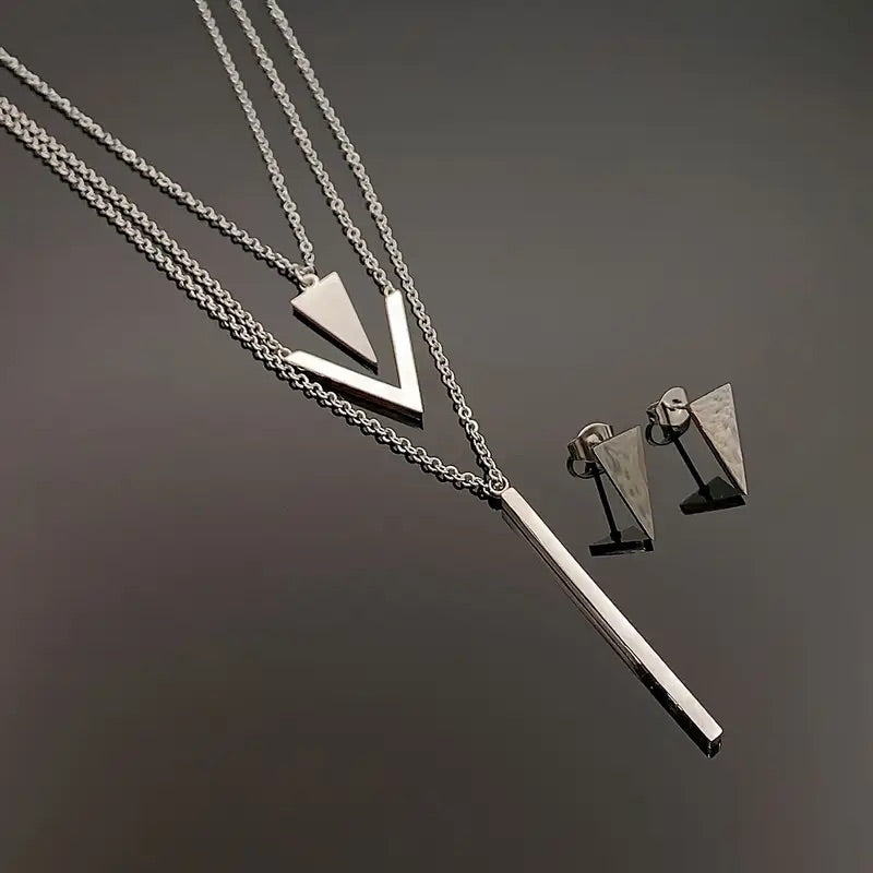 3st Höst & Vinter Smyckesset – Långt Halsband med Geometriskt Hänge & Triangel Örhängen i Rostfritt Stål