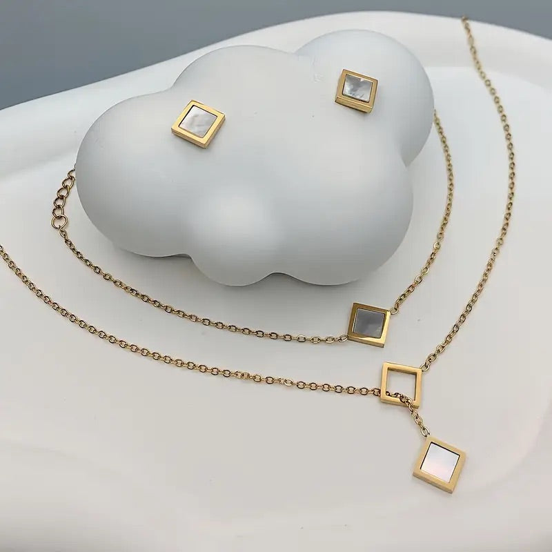 4st Bohemiskt Smyckesset – Vit Snäckskal Halsband & Örhängen i Rostfritt Stål